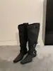 Botas por encima de la rodilla para mujer, primavera/verano 2026, botas color caqui de punta con tacón grueso, botas ceñidas plisadas de tacón alto