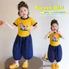 Conjunto de Verão Manga Curta para Meninas Estilo Coreano Infantil Desenho Animado Calças Lanternas Manga Curta Roupas de Verão Estilosas para Bebês Conjunto de Duas Peças