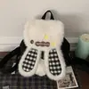 Bolsa de Mão Pequena da Moda Estilo Coreano para Mulheres 2025 Nova Mochila de Lã Xadrez de Inverno Bolsa de Pelúcia Fofa de Coelho de Desenho Animado