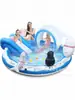 Piscina Inflável Infantil para Natação ao Ar Livre com Escorregador Toldo Aspersor Tema Gelo e Neve Piscina Inflável de Brincadeiras Aquáticas com Bolas Brinquedos
