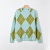 Moda Outono e Inverno Novo Estilo Suéter Pulôver 100% Lã com Padrão de Diamante para Mulheres, Blusa de Tricô Solta com Gola Redonda e Manga Longa