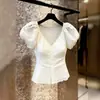 Blusa Top Branco com Babados e Mangas Bufantes de Verão Nova, Versátil, com Temperamento Doce, Suave e Fresco, Estilo Francês, para Mulheres