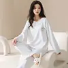 Pijama de Algodão Puro para Primavera e Outono para Mulheres, Manga Longa, Calça Longa, Gola Redonda, Pulôver, Doce, Fofo, Desenho Animado, Pode Ser Usado Fora de Casa, Roupa de Casa