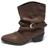 Botas de moda de tacón grueso en color liso, tejidas, apilables, botas de cuero vintage de punta a media pantorrilla para mujer, estilo de nicho con hebilla de cinturón, botas de montar