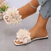 Chanclas Planas de Comercio Electrónico Transfronterizo para Mujer, Nuevo Estilo de Verano, Zapato de Moda Cuadrado Abierto con Flor, Sandalias Versátiles para Playa