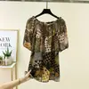 Blusa de Algodão e Seda de Manga Curta para Mulheres, Nova Estampa Floral, Camiseta Solta com Mangas Morcego Off-Shoulder, Tamanho Plus
