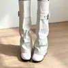 Botas femininas de primavera e outono estilo coreano, bico redondo, fivela de cinto, cano alto, botas de cavaleiro, botas longas vintage acima do joelho