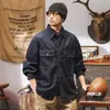 Camisa Jeans Original com Costura Retrô Americana para Homens, Nova Camisa Jaqueta de Manga Longa de Cor Sólida para Homens na Primavera, Outono e Inverno