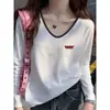Camiseta feminina de algodão puro com ombros retos, color block, decote V, manga longa, estilo coreano, base da moda e versátil, top, novo modelo de outono 2026
