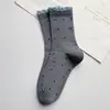 Meias Vintage de Bolinhas para Mulheres, Meias de Algodão Penteado para Meia-Perna Primavera e Outono, Meias Modernas com Babados de Renda, Meias para Sapatos Birkenstock para Mulheres