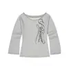 Camiseta corta de manga larga off-shoulder con estampado floral inglés Y2K coreana y japonesa, cuello enrollado, corte ajustado para mujer