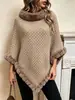 Nova moda outono e inverno transfronteiriça: Xale pullover com gola de pelo sintético de coelho rex, capa de malha irregular tamanho grande, malha feminina de caimento solto