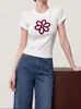 Outono 2026 Estilo Coreano Estampado Floral Aveludado Slim Fit Curto Gola Redonda Manga Curta Camiseta Novo Modelo HBZX710564