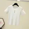 Camiseta de Manga Corta con Cuello en V, Tejida, Blanquinegra, de Seda Helada, para Mujer, Tendencia Verano, Ajustada, para Usar como Capa