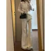 Jeans Acampanados Blanco Albaricoque para Mujer, Talla Grande de Verano, Estilo Nuevo, No Ajustados, Versátiles, Adelgazantes, Pantalones Acampanados de Largo Completo