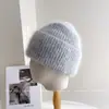 Gorro de Punto Suave y Cálido Mezclado con Pelo de Conejo para Mujer Invierno Versátil Gorro de Tejer Protección para las Orejas Adelgazante de Rostro Gorro de Punto de Moda