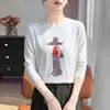 Camiseta de Algodón y Cáñamo con Estampado de Dibujos Animados Manga Larga para Mujer Estilo Coreano Rejuvenecedora Simple Transpirable Cuello Redondo Holgada Manga Corta