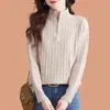 Malha Elegante 2026 Primavera/Outono Novo Top Casual Básico Soltinho para Mulheres Gola Meia Alta Zíper Pulôver Jacquard