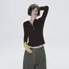 Camisa Base de Manga Larga con Bloques de Color Retro Americano, Falso Dos Piezas, Cuello Semiabierto, Nuevo Diseño de Primavera/Otoño para Mujer, Ajustado, Top Estilo Chica Caliente
