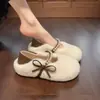 Mocasines de estilo de hadas para mujer, con adornos de perlas, forro de felpa y suela plana, estilo coreano otoño 2025, cálidos, casuales, con lazo y forro esponjoso