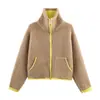 Fabricantes Mayoristas de Ropa para Mujer Transfronteriza 2025 Nuevas Chaquetas Suéteres de Punto Capas Cortos de Manga Larga de Cuello Alto Color Contrastante Casuales