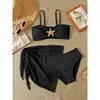 Conjunto de bikini de tres piezas para niñas transfronterizo, traje de baño de malla con accesorios metálicos, conjunto de traje de baño para niños con falda pareo