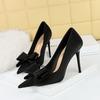 3265-H2 Moda Coreana Aspecto Adelgazante Tacones Altos Stiletto Sedas y Satines Boca Baja Punta Fina Moño Zapatos Planos Tacones Altos Zapatos de Mujer