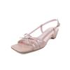 Sandalias de Cuero Genuino Estilo Coreano con Lazo Dulce Pequeño y Pedrería de Piel de Cabra con Falda para Mujer, Tacón Medio Grueso, Punta Cuadrada, Punta Abierta, Verano 2025