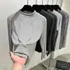 Nueva Camiseta de Rayas de Cuello Medio Alto de Manga Larga para Mujer de Otoño, Corte Ajustado, Elástica, Informal, Versátil, Top que Reduce la Edad