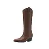 Sapatos Femininos 40-46 Comércio Exterior Transfronteiriço Europeu e Americano Outono e Inverno Botas de Cavaleiro Retro Bico Fino Patchwork Salto Bloco Botas de Cano Alto Botas Longas Western