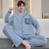 Conjunto de Pijama de Algodón Puro para Otoño e Invierno Primavera y Otoño Cuello de Solapa Manga Larga Pantalón Largo Corte Holgado Tallas Grandes Conjunto Cómodo para Estar en Casa