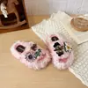 Chinelos de Casa com Strass de Abelha para Meninas, Novos Chinelos de Algodão Peludo Quentes Antiderrapantes de Solado Macio para Interior Infantil Outono/Inverno