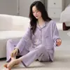 Conjunto de pijama de algodón de manga larga y pantalón largo para mujer, con cuello camisero y estilo cárdigan, talla grande, adecuado para primavera y otoño, conjunto de ropa de casa dulce y lindo