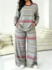 Conjunto de Calça de Perna Larga Listrada de Manga Longa Estilo Europeu e Americano Novo para Mulheres 2026, Conjunto de Duas Peças Moda Casual Primavera e Outono, Estilo Tendência Transfronteiriço