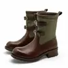 Botas de montar retro de tacón grueso con doble hebilla para mujer, nueva colección otoño 2026, botas de caña media ajustadas con patchwork de cuero y tela, botas estilo Martin
