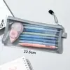 Estojo de lápis de malha transparente minimalista estilo japonês, bolsa de papelaria de grande capacidade, bolsa de lápis portátil para exames de estudante, bolsa de armazenamento