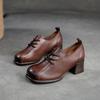 Shanghai Jiejie Primavera e Outono Novo Retro Pequeno Salto Alto Sapatos Biqueira Redonda Confortável Casual Camada Superior Couro de Vaca Frente Lace-Up Sapatos Femininos