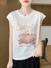 Verano Nuevo Estilo Manga Corta con Vuelo Pequeño Estampada Cuello Redondo Camiseta de Manga Corta para Mujer Moda Delgada Casual Versátil Top Fino
