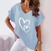 Camiseta informal de verano 2023 transfronteriza popular europea y americana de Amazon para pareja con estampado de amor, cuello en V, algodón y lino, manga corta de murciélago para mujer