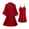 Roupão de Manhã de Casamento Feminino Noiva Madrinha Grupo Seda Gelada Pijama de Casamento Camisola Robe Vermelho Feminino Comprimento Médio Fino