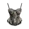Camisola de encaje estilo francés con ballenas para mujer, entallada a la cintura, adelgazante, con volantes, sin tirantes, con cierre de corchete en la espalda