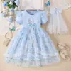 Vestido de Princesa Verão Novo para Meninas com Manga Curta de Malha e Floco de Neve Elsa de Gelo e Neve Vestido Rodado de Renda para Crianças