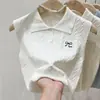 Colete Tricot Gola Polo para Mulheres, Peça de Sobrepor de Verão, Roupa de Baixo, Regata sem Mangas, Top Curto Bordado, Branco