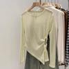 Shanli Dadi Blusa Fina de Manga Larga con Protección Solar para Mujer Primavera y Verano Nueva Dobladillo Irregular Cintura Descubierta Plisada Camisa para Aire Acondicionado