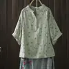 Camisa de Manga Corta con Mangas Murciélago Florales, Doble Capa de Gasa de Algodón, Cuello en V Fresco, Estilo Japonés, para Mujer, Top Casual Retro Artístico