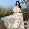 Vestido de Vacaciones de Un Hombro Resistente Estilo Francés para Mujer, Verano con Volantes en el Dobladillo Grande, Vestido Largo Súper de Hada