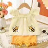 Ropa de Verano para Bebé, Conjunto de Shorts Bordados de Abejas, Camisa Tipo Muñeca de Cuello Cuadrado para Bebé, Conjunto de Dos Piezas de Pantalones de Encaje