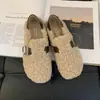 Sapatos Peludos de Pele de Ovelha com Solado Macio para Mulheres 2026, moda para usar ao ar livre com fivela, sapatos quentinhos de pelúcia estilo Birkenstock