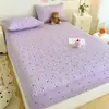 Juego de Sábana Acolchada de Algodón Puff de Doble Capa con Estampado Floral de Dibujos Animados, Juego de Tres Piezas, Protector de Colchón, Funda de Almohada Individual