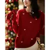 Suéter Pulôver com Bordado de Coração Fresco Estilo Doce Gola Redonda para Mulheres Outono e Inverno Novo Solto Macio Tricô Top